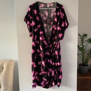 Ava Viv Wrap Dress V Neck Above Knee Short Sleeve Black Pink Floral Size 2X